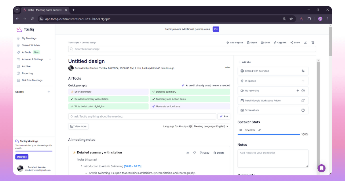 tactiq interface, AI note summarization, requring AI Credits for summary.