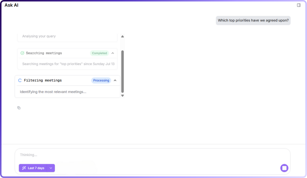 the image show case the way the ask ai streams the answer to you in real time | tactiq alternatives for agencies
