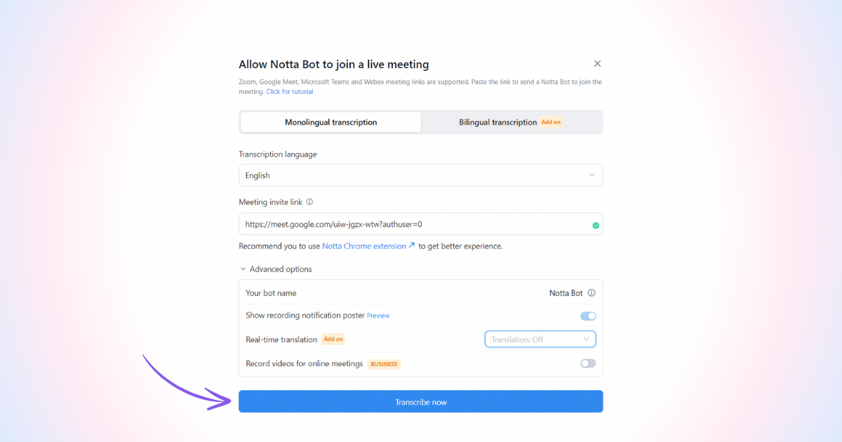 transcribe now button in notta