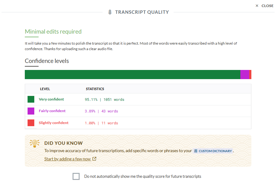 transcription quality report by sonix ai