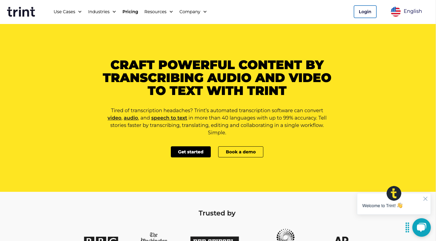 trint free transcription software landing page