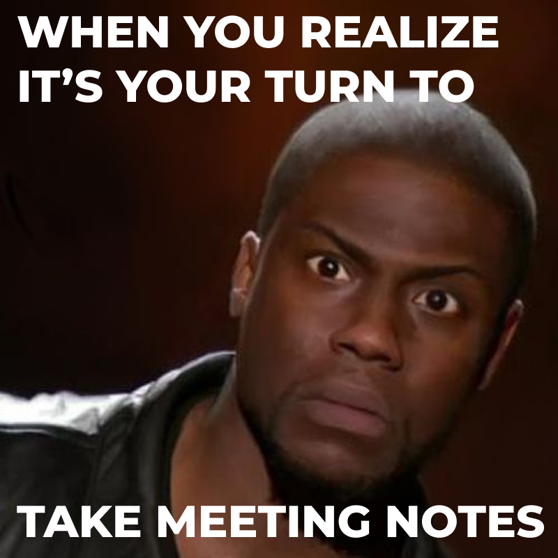 when you realize its your turn to take meeting notes, kevin heart looking shocked away from the mic